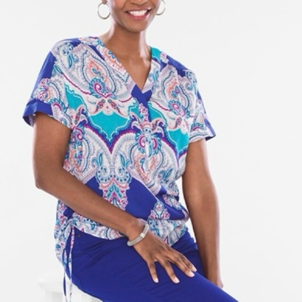 Chico's Colorful Paisley Print Short Sleeve V-Neck Top Blouse Size 0 Petite